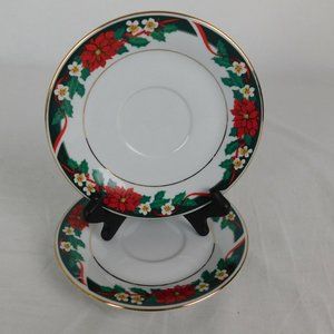 Lot of 2 Tienshan Deck the Halls Fine China 6" Saucers ONLY Poinsettia Gold Trim